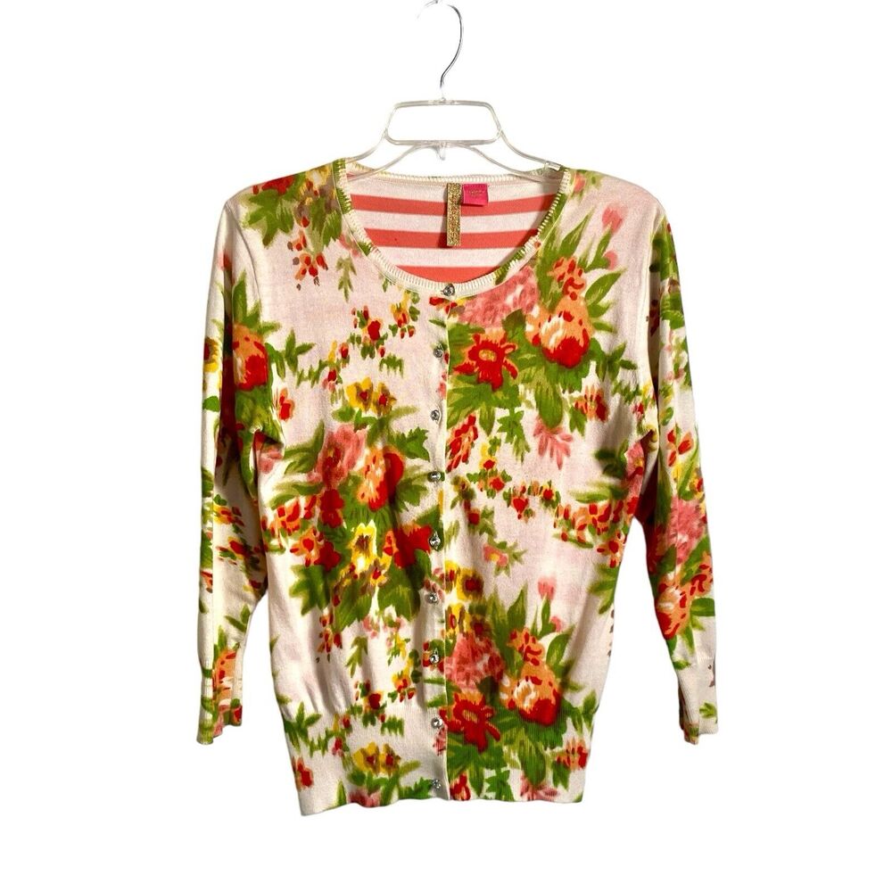 Charlotte Tarantola Cardigan Floral Stripes Sz L Cottagecore Coquette Y2K